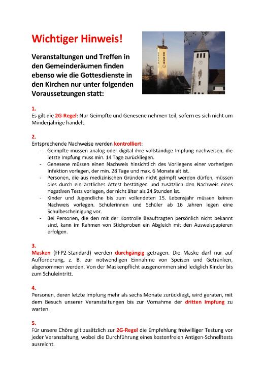 Dokument mit dem Titel „Wichtiger Hinweis!“ zu COVID-19-Regeln für kirchliche Veranstaltungen.