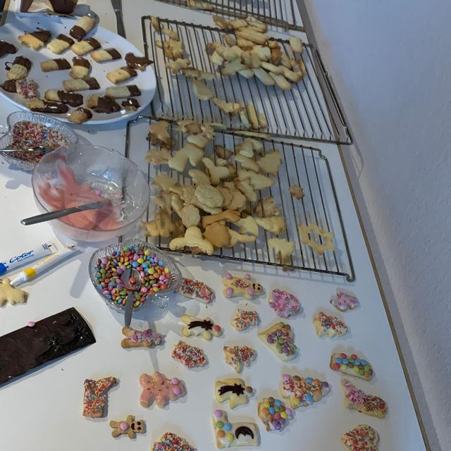 Viele Plätzchen trocknen auf Backgittern, einige sind verziert.
