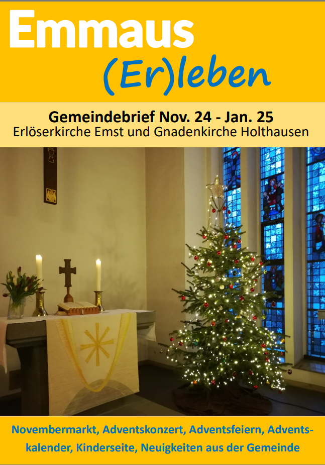 Broschürencover „Emmaus (Er)leben“ mit Kirchenaltar und Weihnachtsbaum.