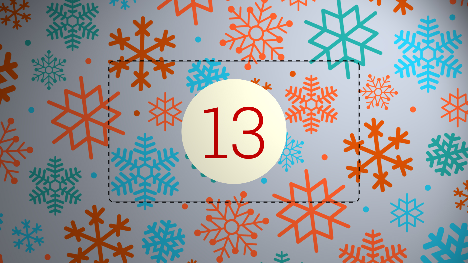 Adventskalender-Kachel mit Schneeflocken und „13“.