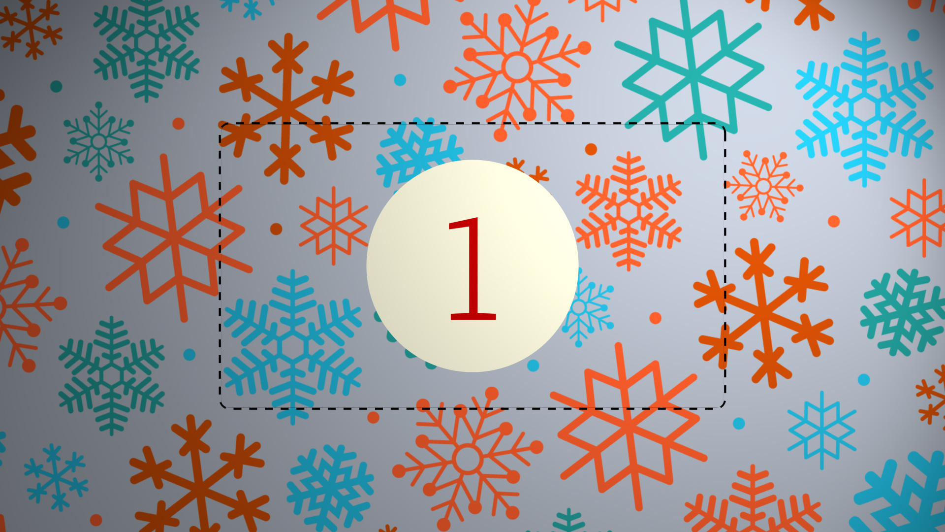 Adventskalender-Kachel mit Schneeflocken und „1“.