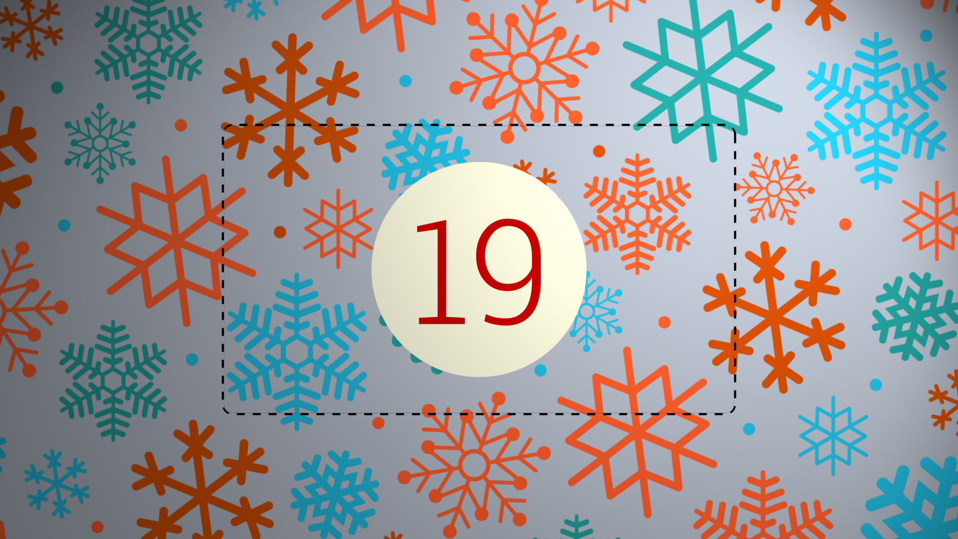Adventskalender-Kachel mit Schneeflocken und „19“.