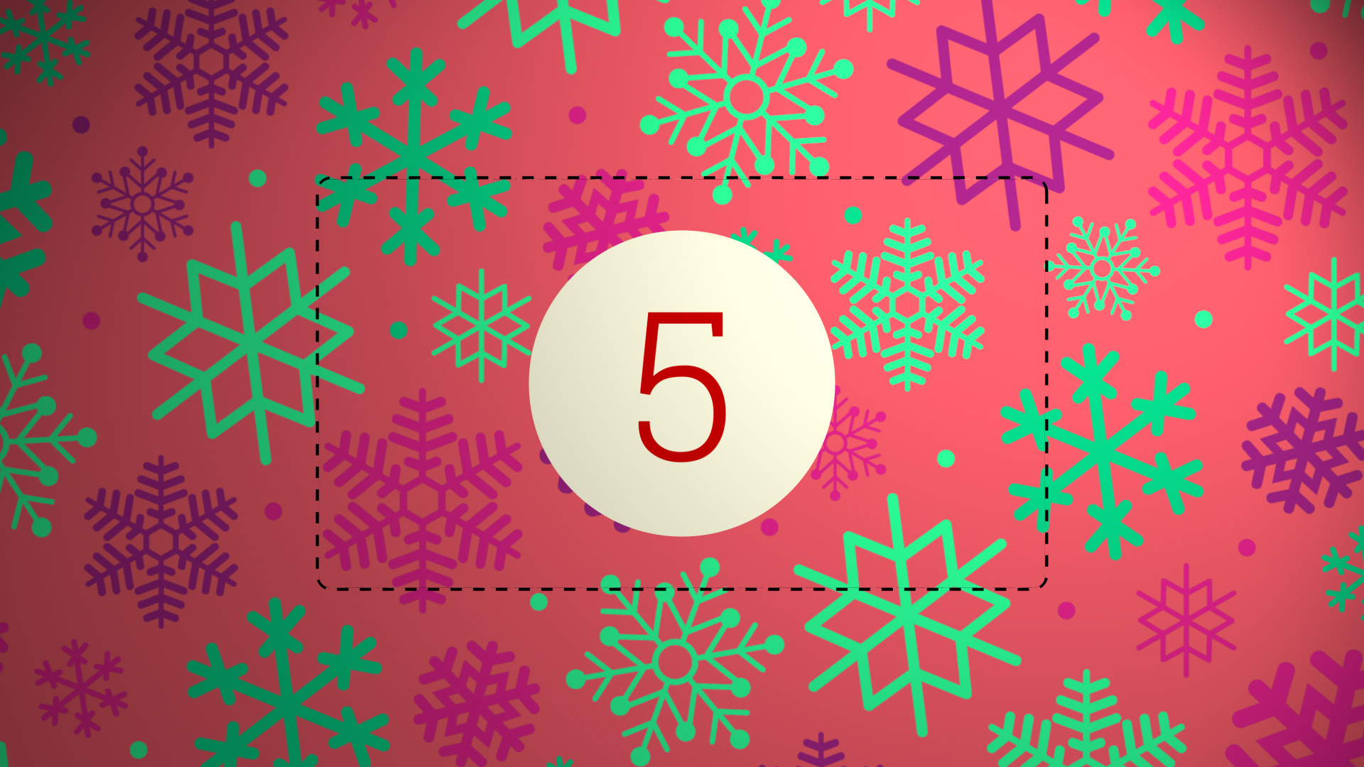 Adventskalender-Kachel mit Schneeflocken und „5“.