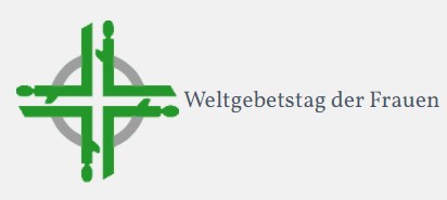 Logo „Weltgebetstag der Frauen“ mit grünem Kreuz und Figuren.
