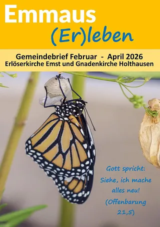 Broschürencover „Emmaus (Er)leben“ mit altem Kirchenfoto.