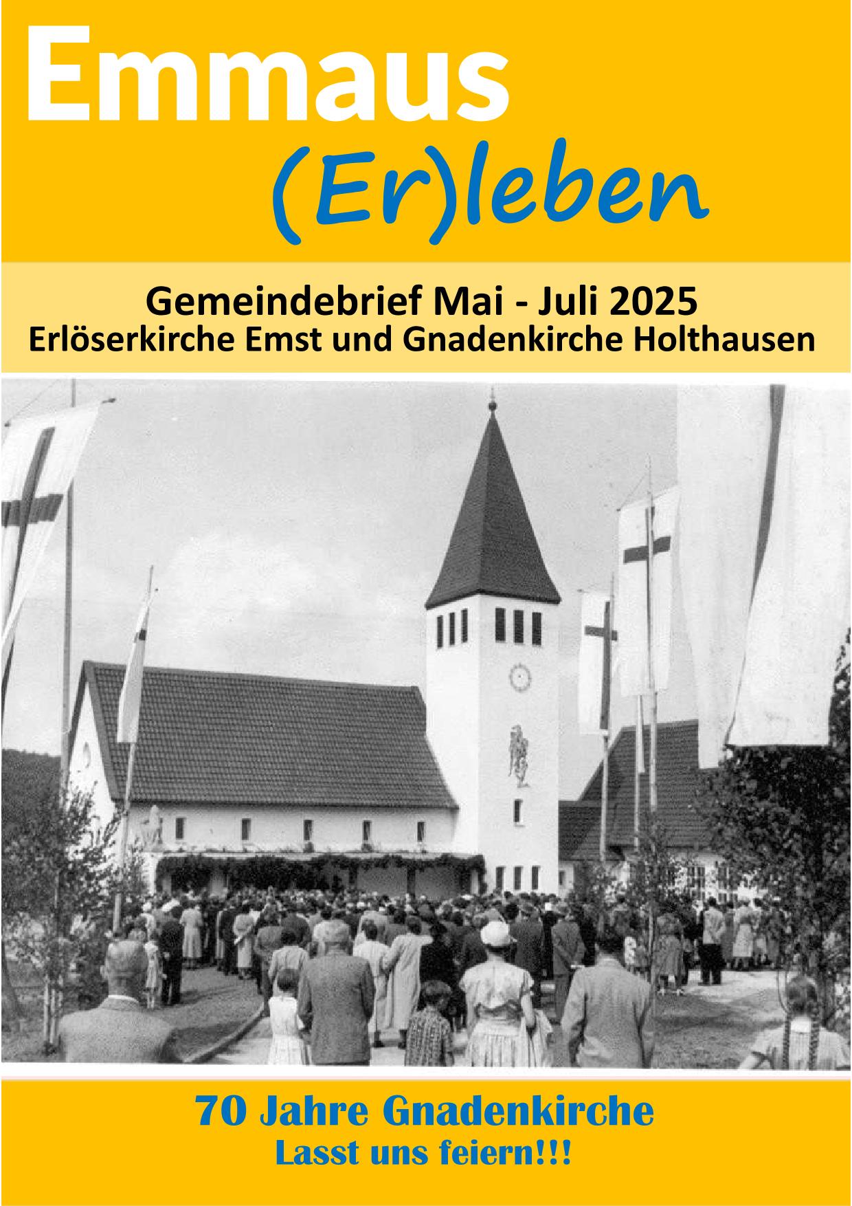 Broschürencover „Emmaus (Er)leben“ mit altem Kirchenfoto.