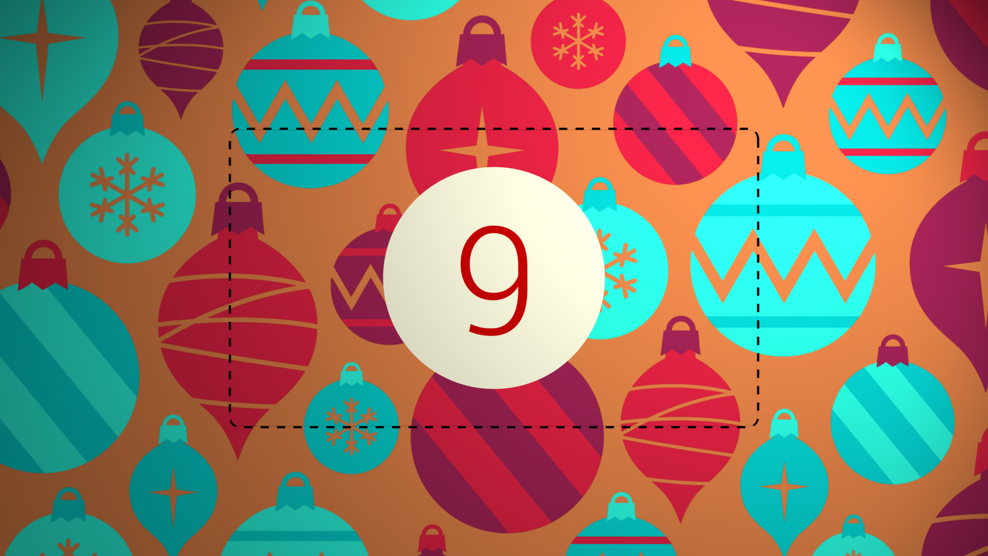 Adventskalender-Kachel mit Ornamenten und „9“.