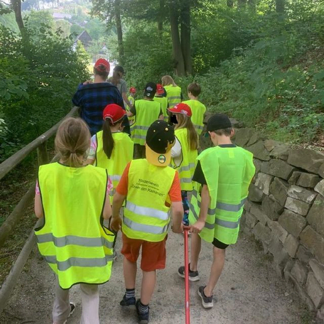 Kinder in Warnwesten gehen auf einem Waldweg.