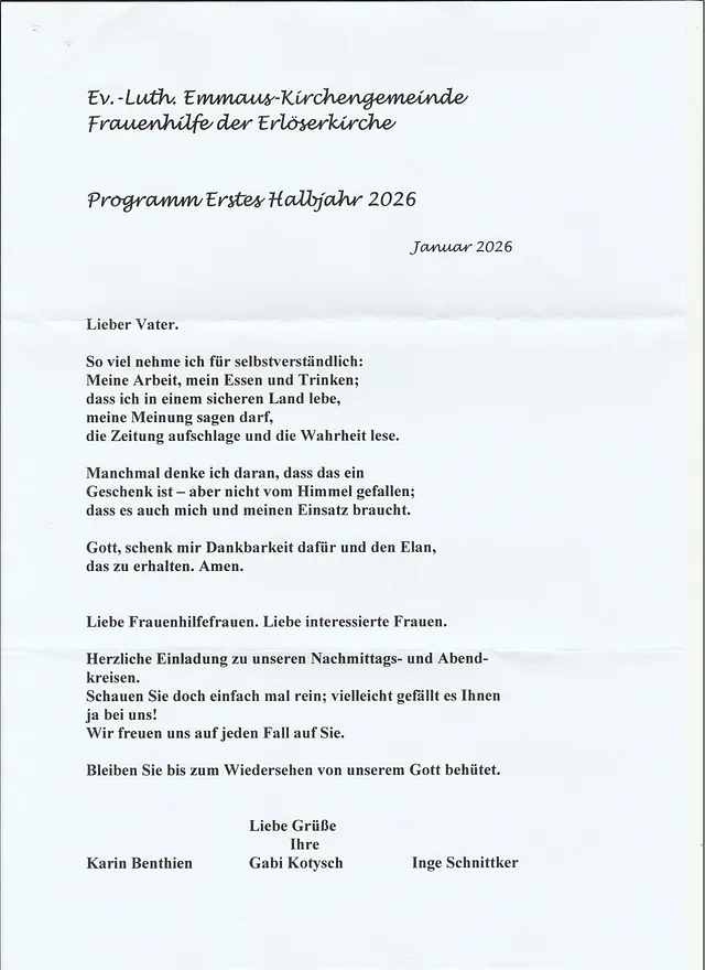Flyer der Frauenhilfe Erlöserkirche für 1. Halbjahr 2025.