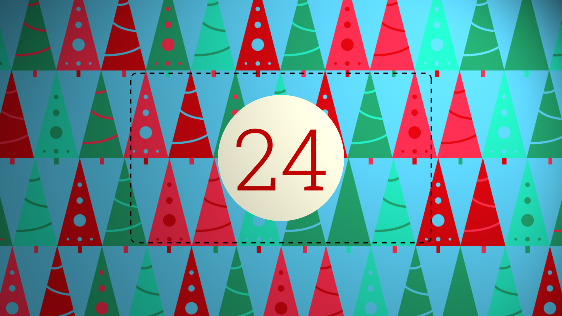 Adventskalender-Kachel mit Bäumen und „24“.