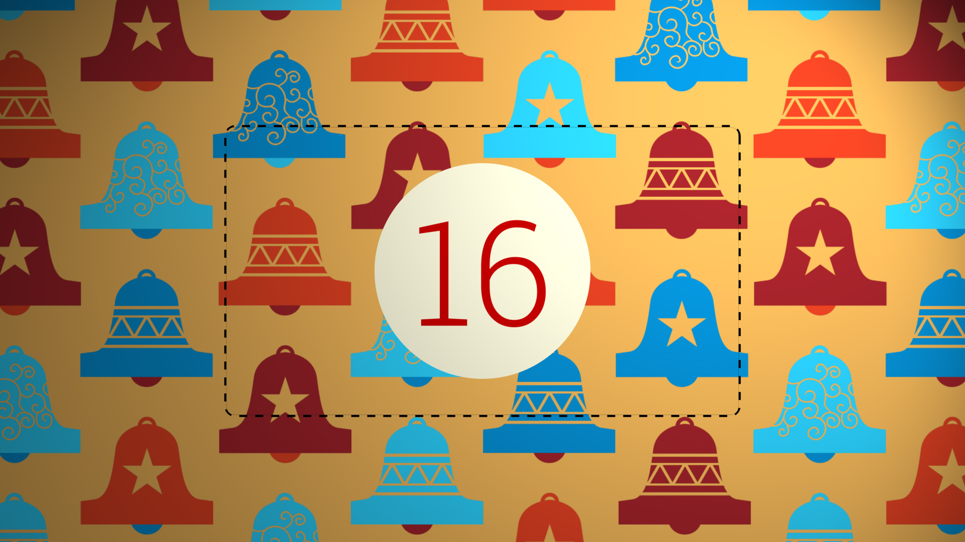 Adventskalender-Kachel mit Glocken und „16“.