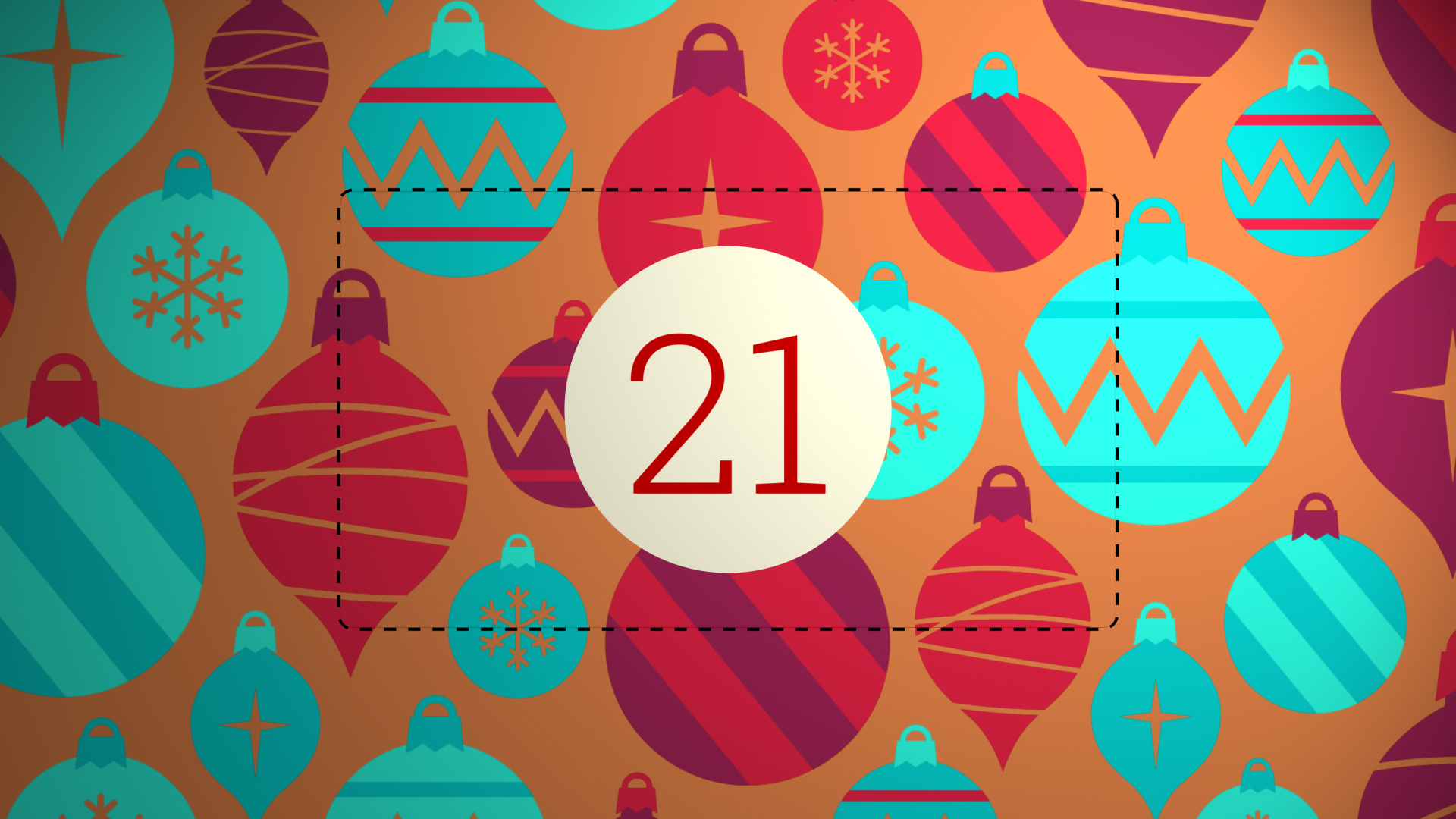 Adventskalender-Kachel mit Ornamenten und „21“.