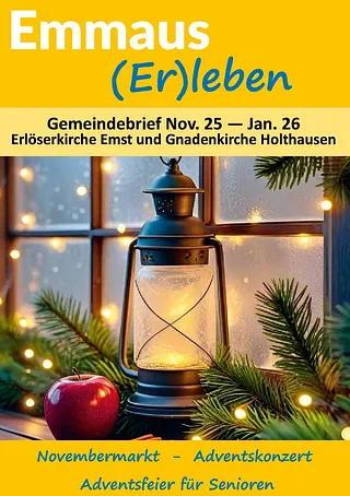 Broschürencover „Emmaus (Er)leben“ mit altem Kirchenfoto.