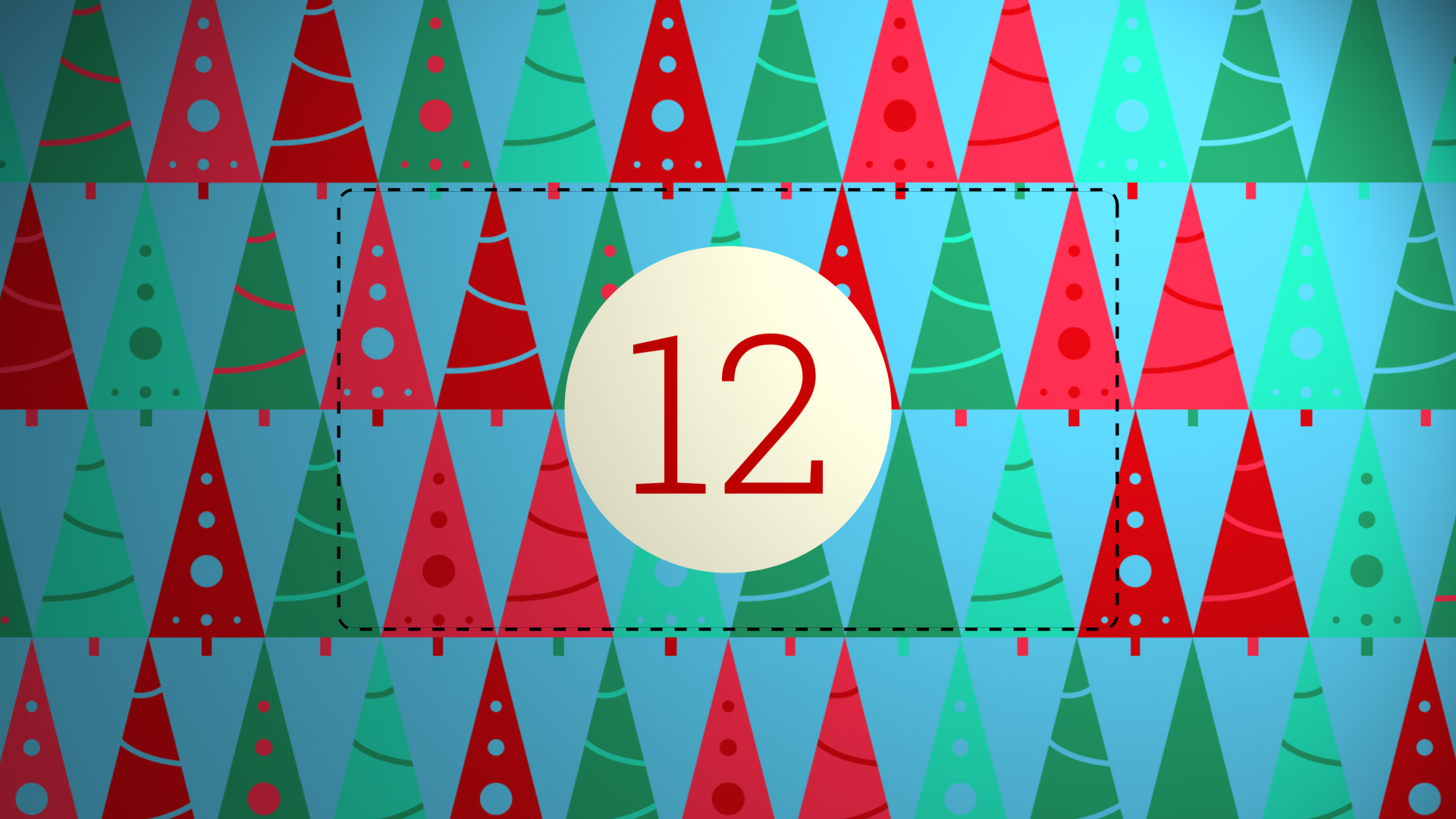 Adventskalender-Kachel mit Bäumen und „12“.