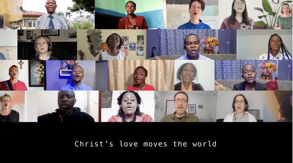 Collage von Gesichtern im Videocall mit Text „Christ's love spans the world“.