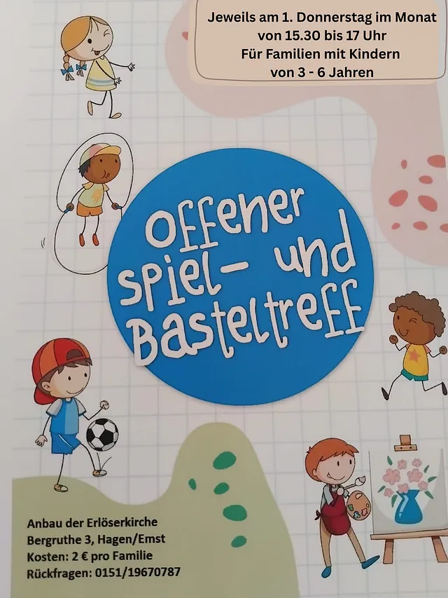 Plakat für „Offener Spiel- und Basteltreff“ für Familien mit Kindern.