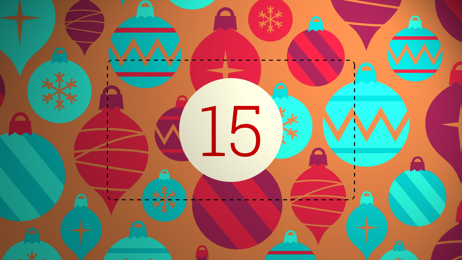 Adventskalender-Kachel mit Ornamenten und „15“.
