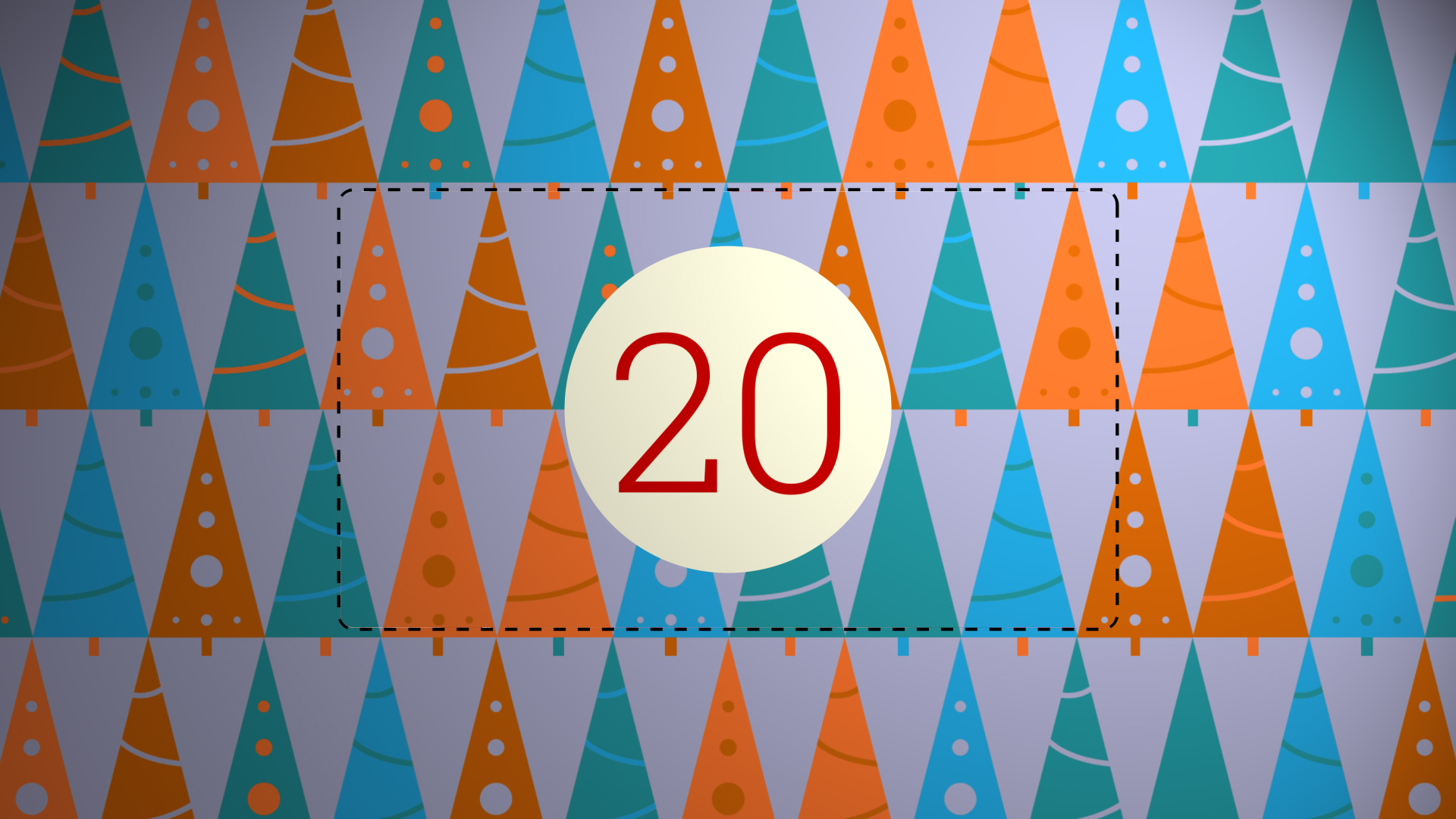 Adventskalender-Kachel mit Bäumen und „20“.