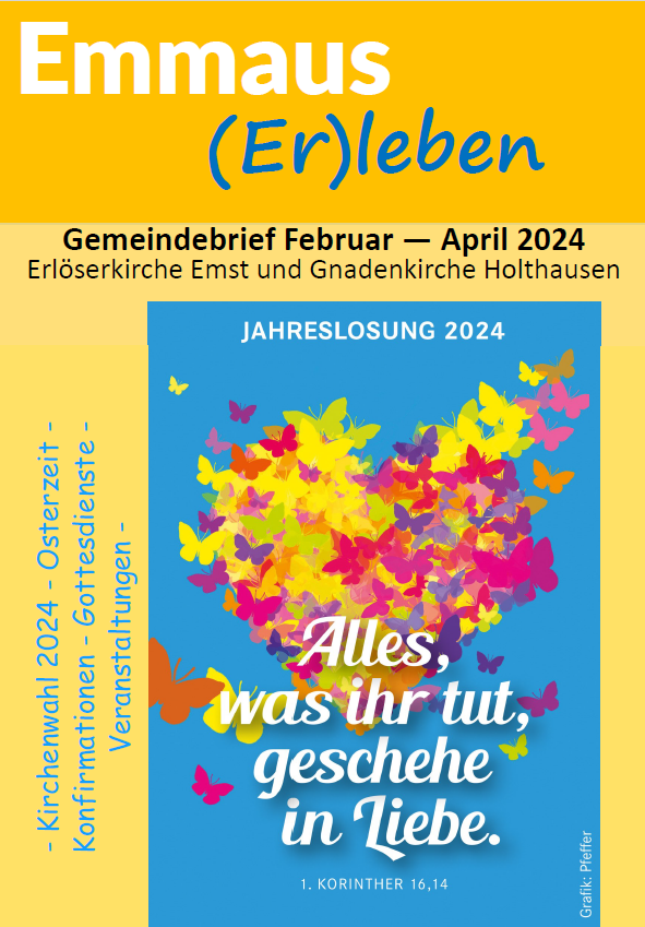 Broschürencover „Emmaus (Er)leben“ mit bunter abstrakter Kunst.